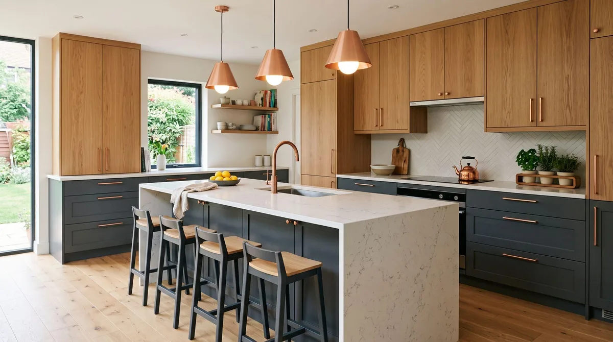 Kitchen applying the 60-30-10 rule with wood cabinetry as dominant, navy island as secondary, and copper pendant lights and hardware as accents