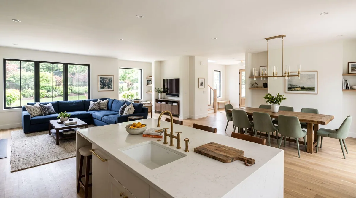 Neutral open-plan living room applying the 60-30-10 interior design rule with warm off-white walls, a navy blue sectional as secondary color, and brass accents