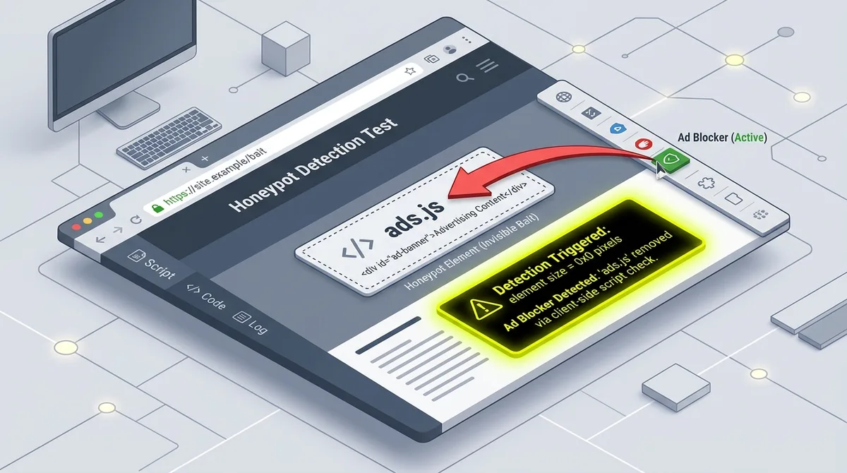Isometric browser illustration showing an ad-blocker detection technique: a website loads an invisible honeypot ad element, then runs a client-side script to check whether the element was blocked
