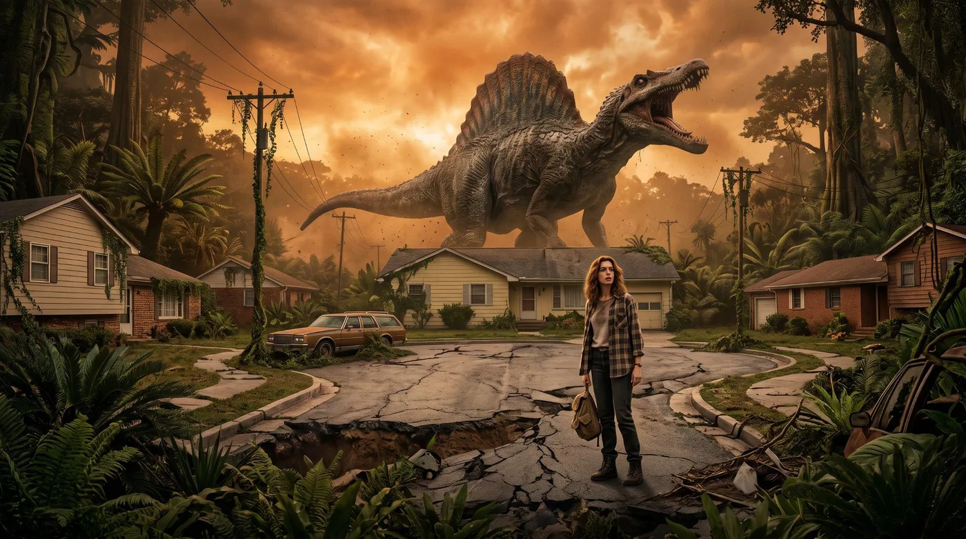 End of Oak Street dinosaur scene