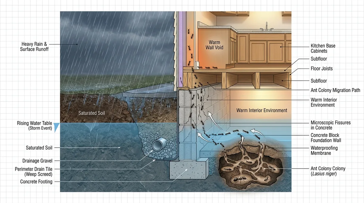 Cutaway diagram of a house foundation showing an ant colony entering through microscopic concrete fissures during a rainy season storm event