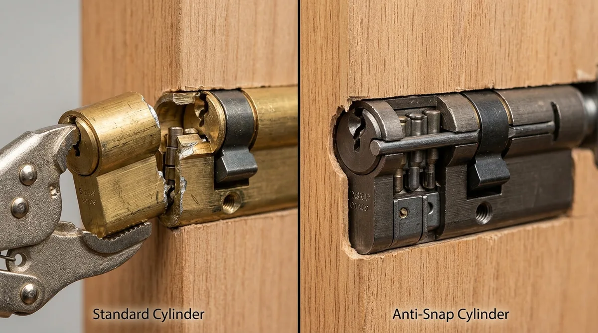 Macro cross-section comparing a standard euro-profile lock cylinder vulnerable to lock snapping against a reinforced anti-snap security cylinder