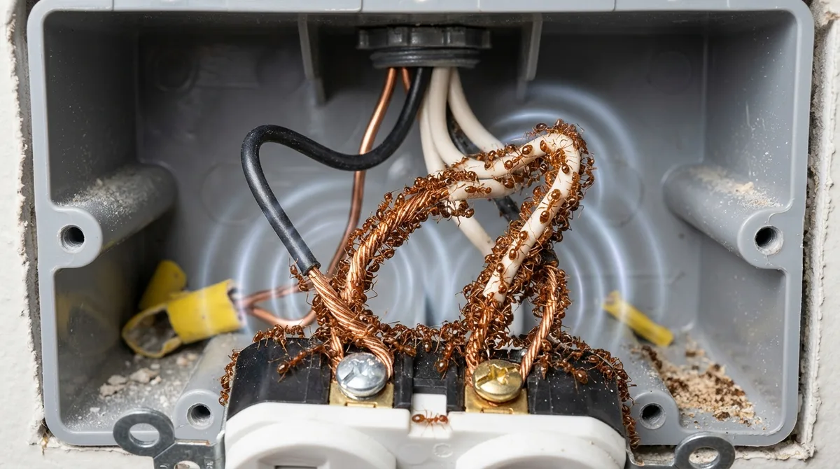 Close-up of an outdoor electrical outlet box swarming with ants nesting in and around the wiring — a common but overlooked entry route