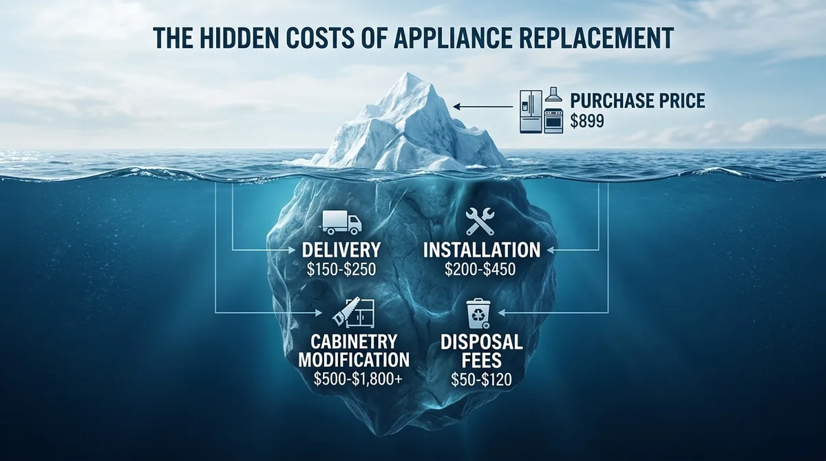 Iceberg infographic showing an appliance purchase price above water and hidden replacement costs — delivery, installation, cabinetry modification, and disposal — submerged below