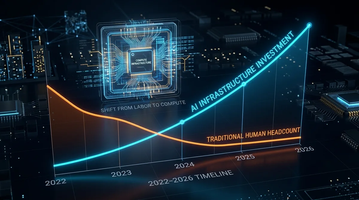 Line chart showing big tech capital allocation shifting from traditional human headcount to AI infrastructure and compute investment across a 2022-2026 timeline