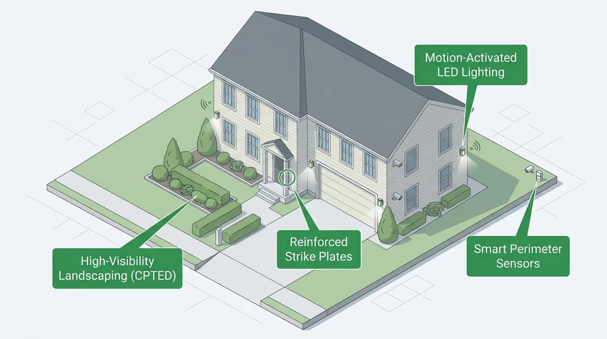 Street map infographic showing the near-repeat burglary effect, with concentric risk rings spreading from one burgled house to its neighbors over a 14-day window