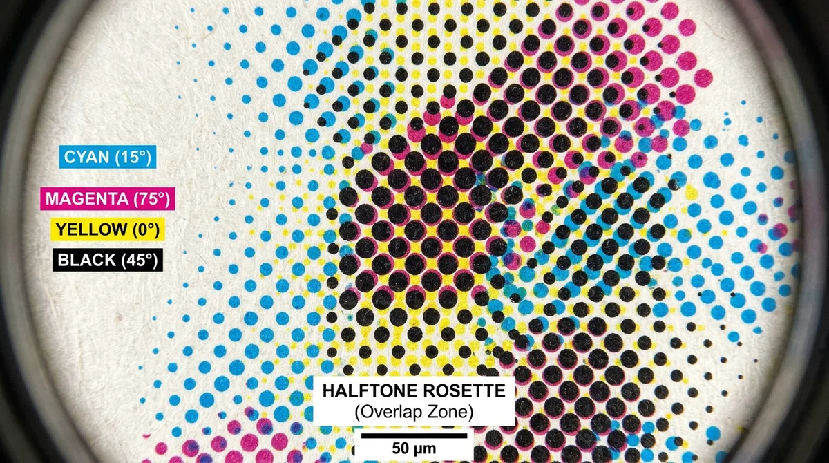 Microscope view of CMYK halftone printing dots showing the rosette overlap pattern and the four screen angles: cyan 15 degrees, magenta 75, yellow 0, black 45