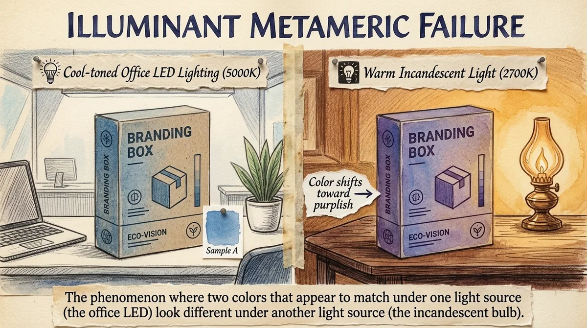 Split infographic showing illuminant metameric failure: the same printed blue box appears neutral under 5000K office LED light but shifts purplish under 2700K warm incandescent light