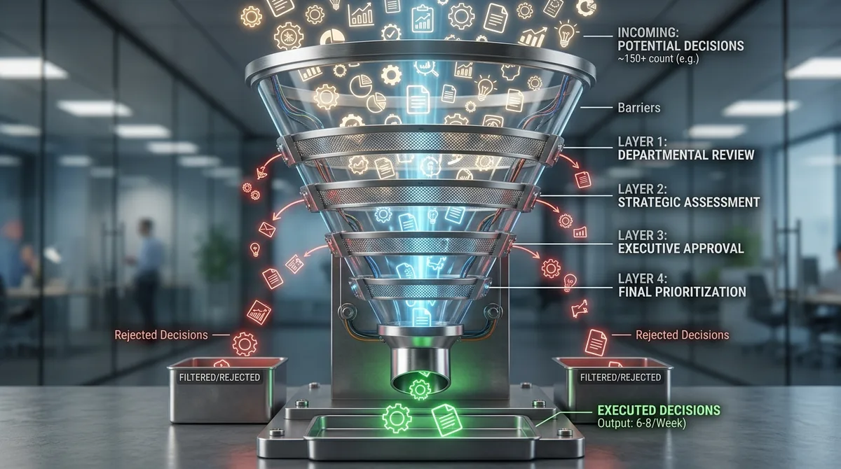 Infographic depicting a large corporate decision funnel showing hundreds of potential initiatives filtered through multiple review layers down to a handful of executed decisions per week