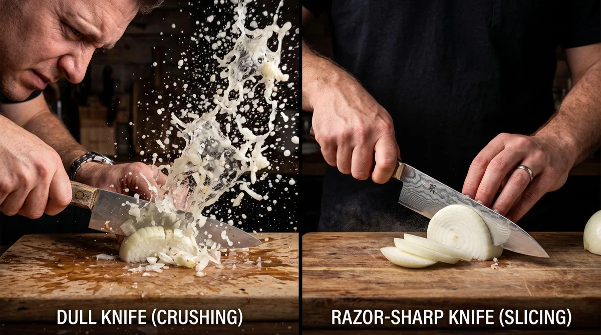 Split image contrasting a dull knife crushing onion cells and releasing a large tear-inducing spray against a razor-sharp knife slicing cleanly with minimal cell damage