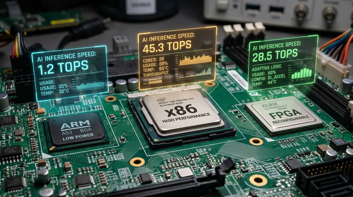 Macro photo of three edge computing processors on a circuit board — a low-power ARM chip, a high-performance x86 server CPU, and a reconfigurable FPGA — with AI inference-speed overlays
