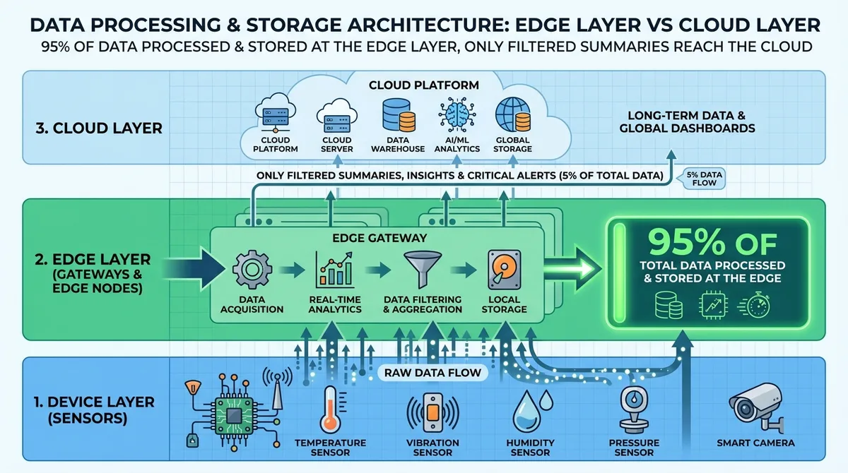 Technical diagram of the three-tier edge computing architecture showing 95 percent of data processed at the edge layer with only filtered summaries reaching the cloud