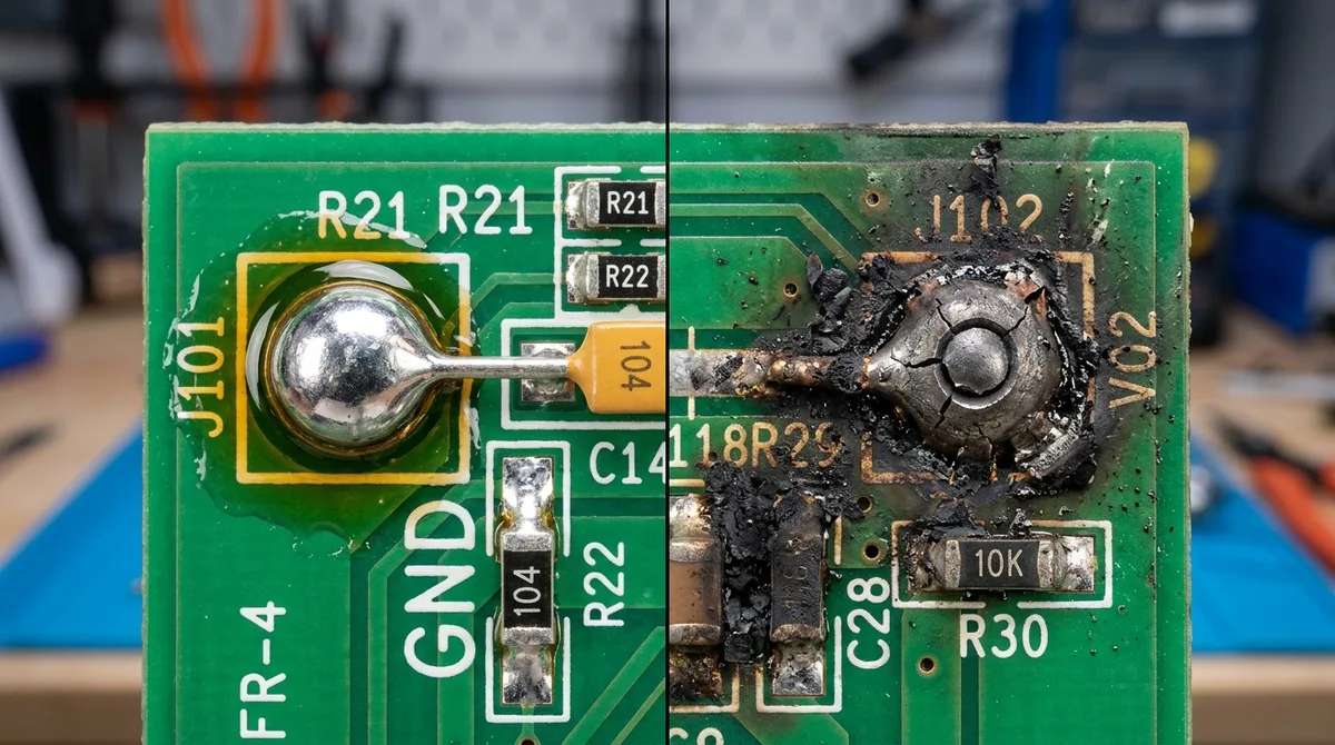 Split macro photograph of a circuit board comparing a clean solder joint with normal amber flux residue against a charred, carbonized joint with cracked solder — the difference between normal residue and genuine electrical failure
