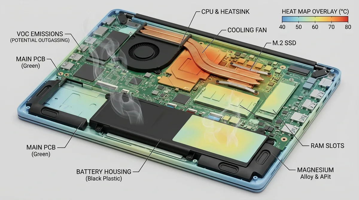 3D render of a laptop's internal components with a temperature heat-map overlay, showing VOC vapors off-gassing from the circuit board and battery housing as the CPU and heatsink area warms