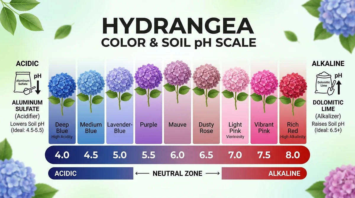 Infographic showing the hydrangea color scale from deep blue in acidic soil at pH 4.0 through purple and pink to red in alkaline soil at pH 8.0, with aluminum sulfate acidifier and dolomitic lime alkalizer