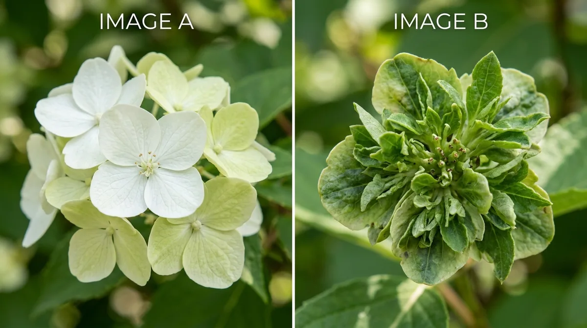 Split-view comparison of a hydrangea flower head with fresh white petals aging into muted green as the season progresses