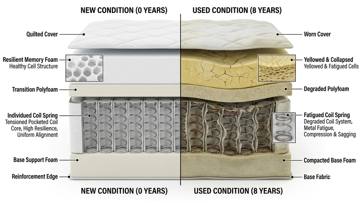 Split-view microscopic comparison of clean mattress fibers versus fibers saturated with dust mites and skin cells after eight years of use