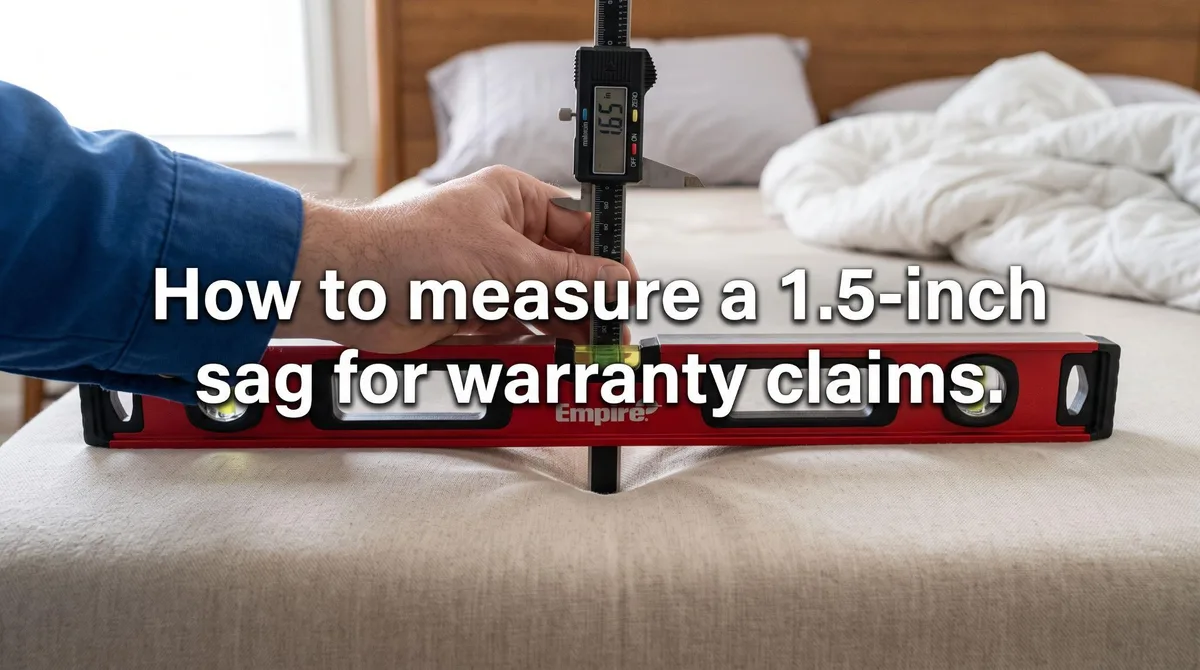 First-person view of a hand measuring a mattress indentation with a level and ruler to check the 1.5-inch sag threshold for a warranty claim