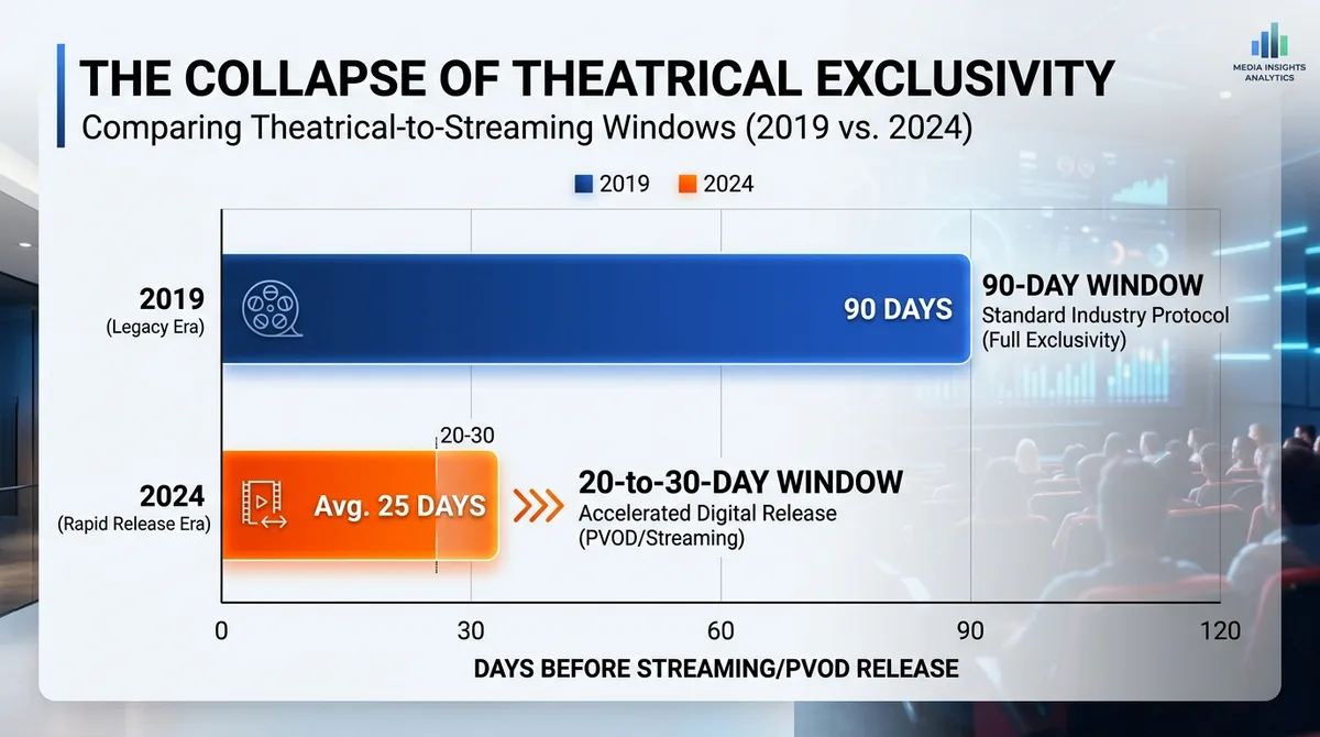 Bar chart comparing theatrical-to-streaming windows: the standard 90-day exclusivity window of 2019 versus the roughly 25-day average window of 2024