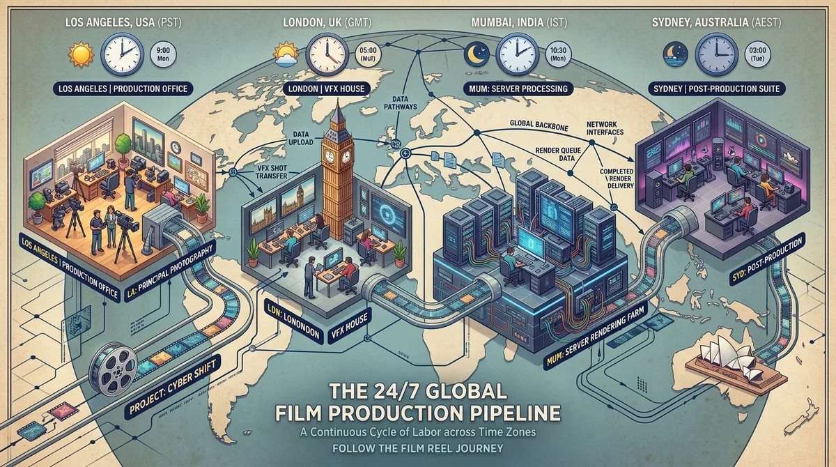 Isometric infographic of the 24/7 global film production pipeline, showing work passing between Los Angeles production, a London VFX house, Mumbai server rendering, and a Sydney post-production suite across time zones