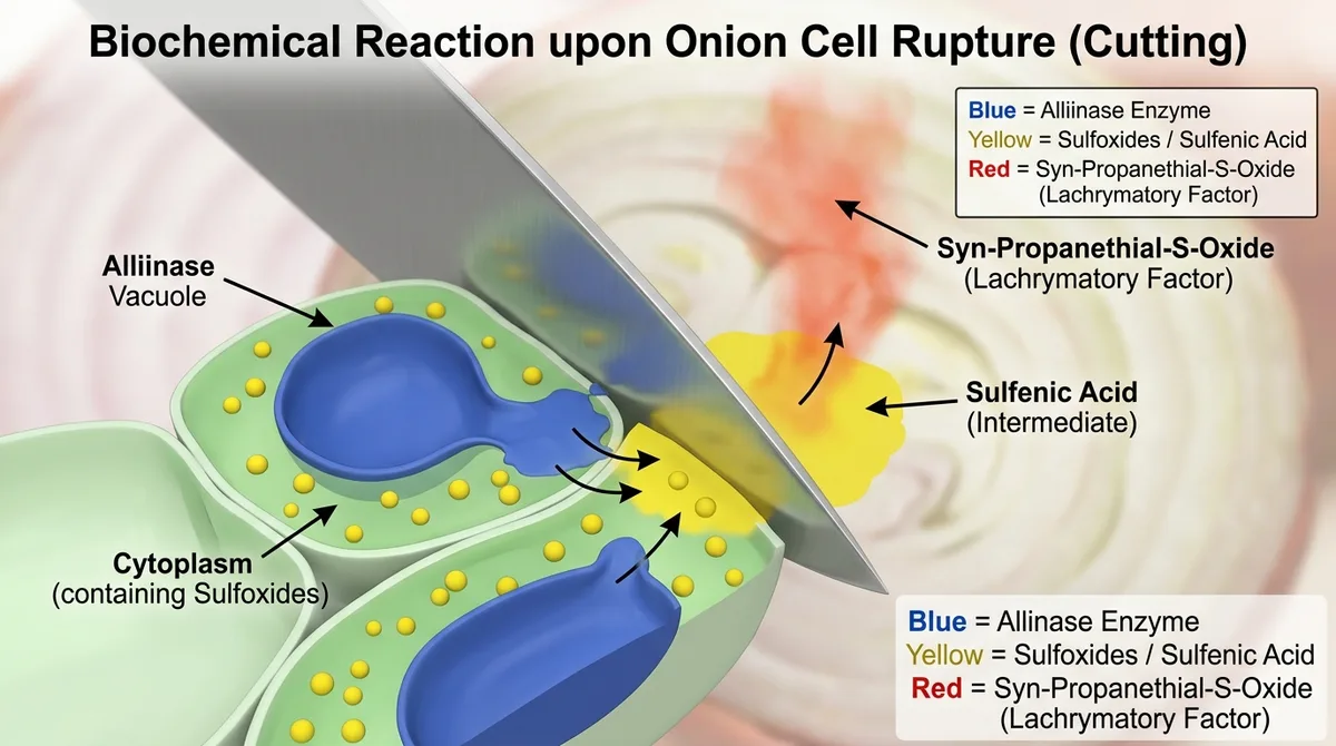 Biochemical diagram showing an onion cell rupturing to release alliinase enzymes that combine with sulfoxides to produce sulfenic acid, then syn-propanethial-S-oxide — the lachrymatory factor