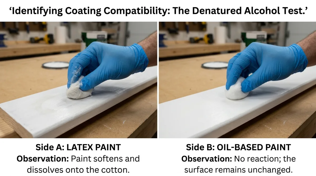 Cutaway diagram showing hydrostatic pressure from moisture inside a wooden substrate pushing the paint film off the exterior surface in strips