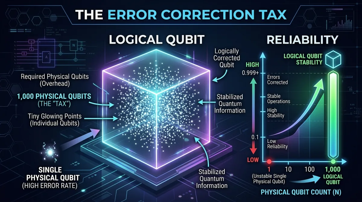 Infographic showing the quantum error correction overhead where roughly 1,000 physical qubits are required to build one stable logical qubit