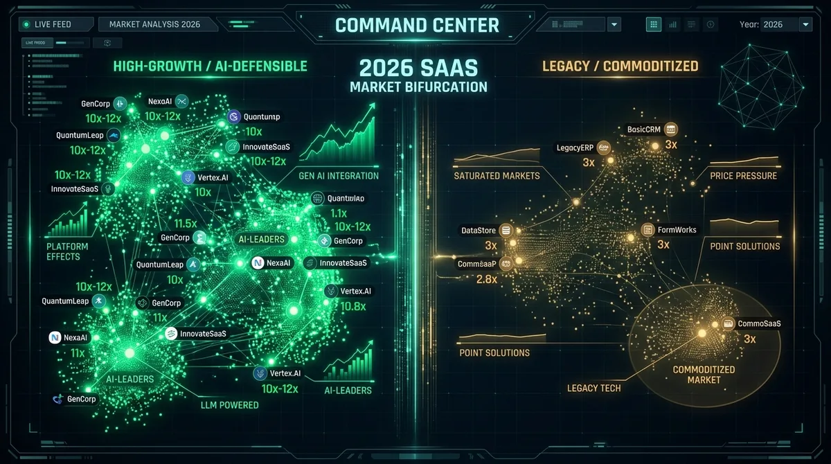 Heat map dashboard showing the 2026 SaaS market split between high-growth AI-defensible companies at 10-12x ARR multiples and commoditized legacy companies at 3x