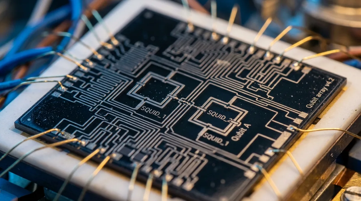 Macro photograph of a superconducting quantum computing chip showing an array of qubits with SQUID couplers and wirebond connections