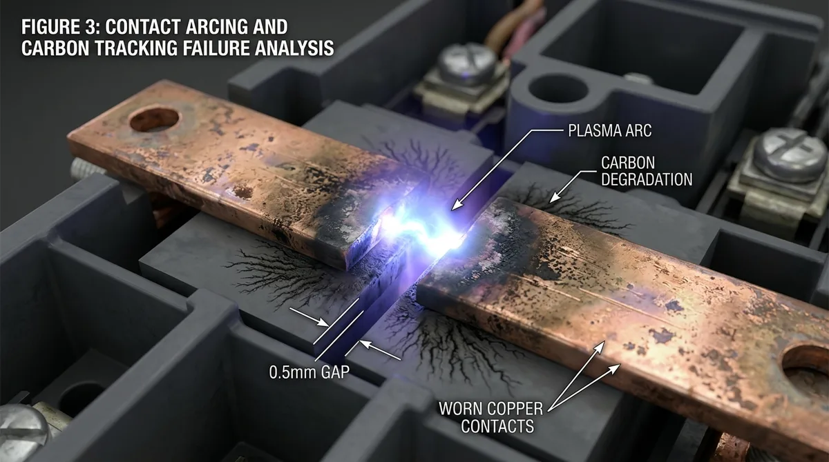3D render of worn copper switch contacts separated by a half-millimeter gap with a plasma arc jumping between them and black carbon degradation spreading across the surrounding housing