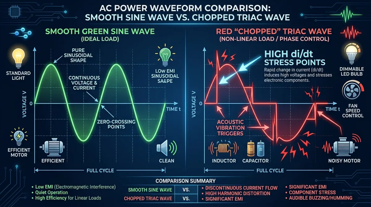 Infographic comparing a smooth green AC sine wave for a standard load against a red chopped TRIAC waveform with sharp voltage spikes that stress components and trigger audible vibration