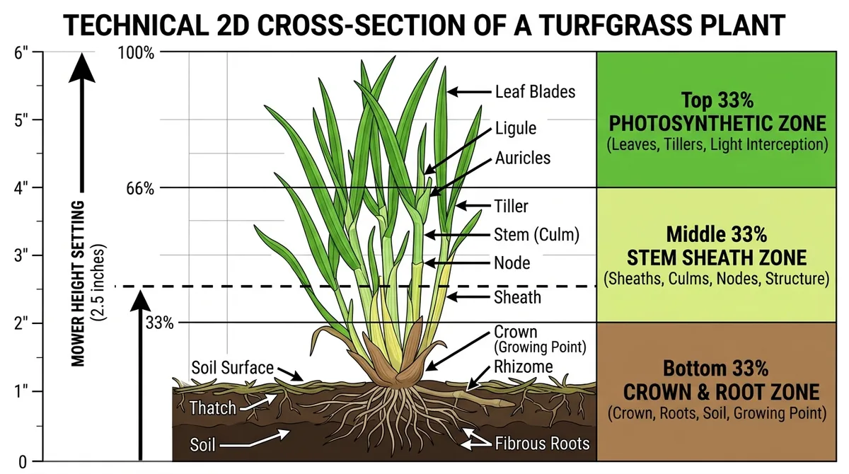 Cross-section technical diagram of a turfgrass plant showing the mowing height rule of removing no more than one-third of blade height at a time to protect the crown and root zone