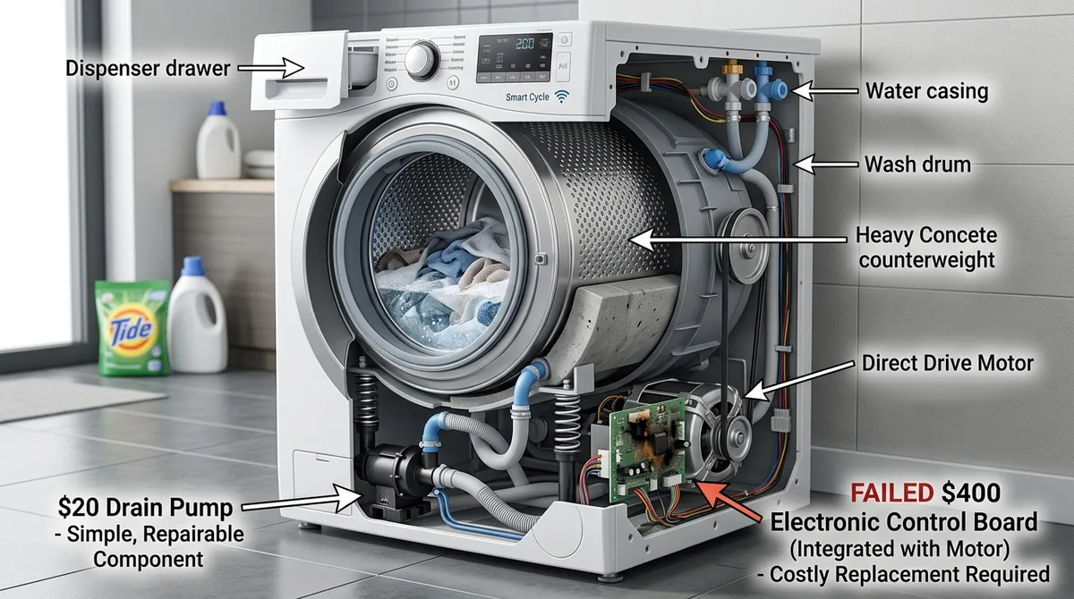 Cutaway of a modern washing machine contrasting a simple low-cost drain pump against an expensive integrated electronic control board and motor assembly
