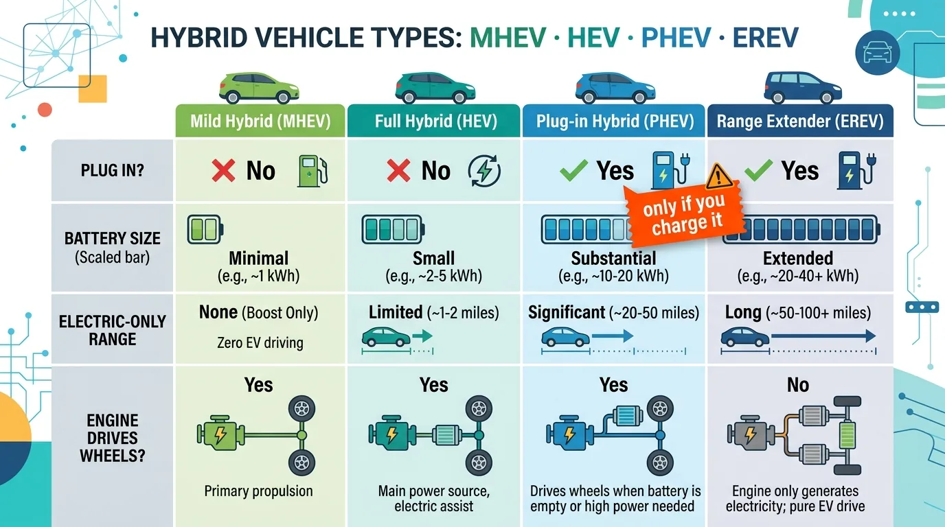 MHEV HEV PHEV EREV compared