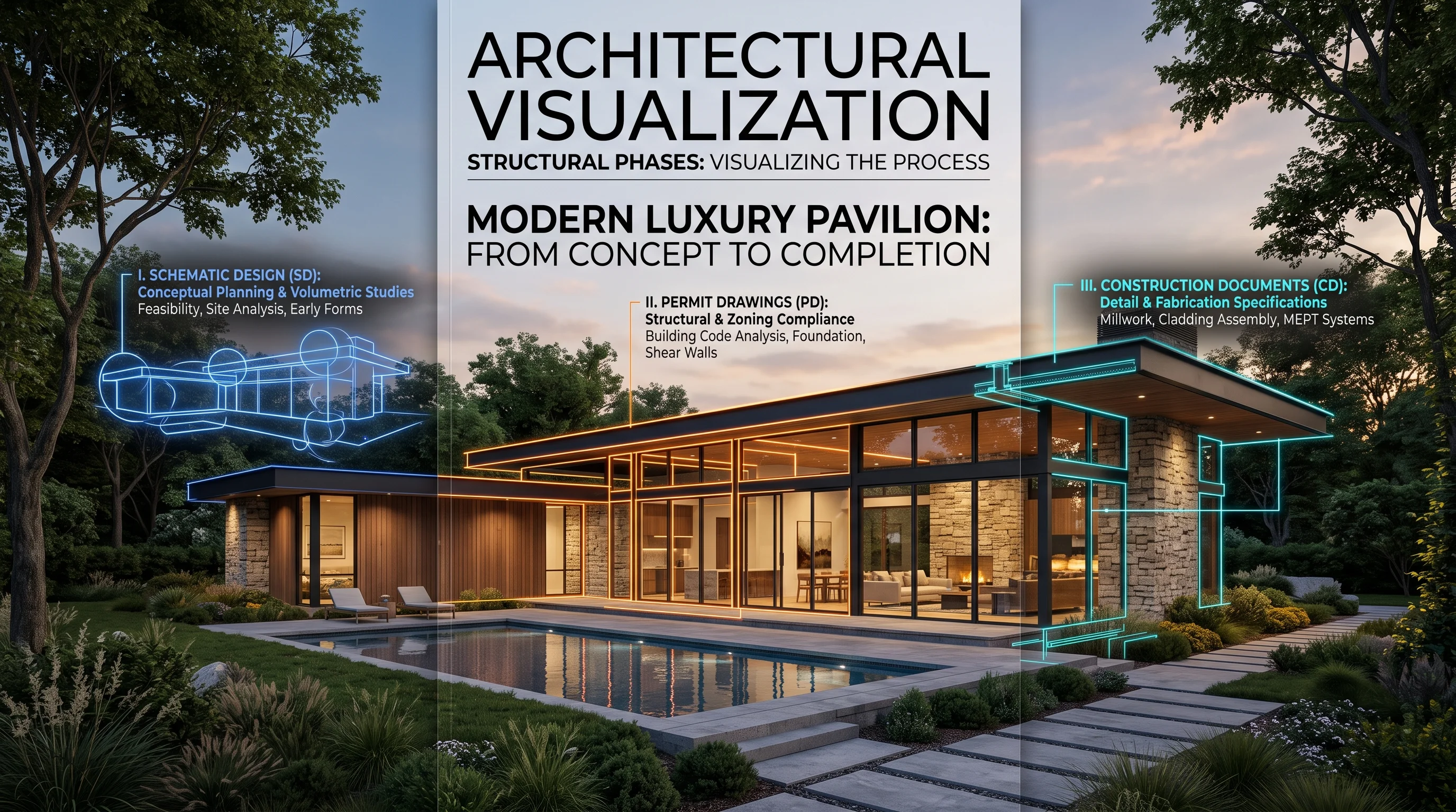 Architectural 3D visualization of luxury pavilion home with design phase cost highlights
