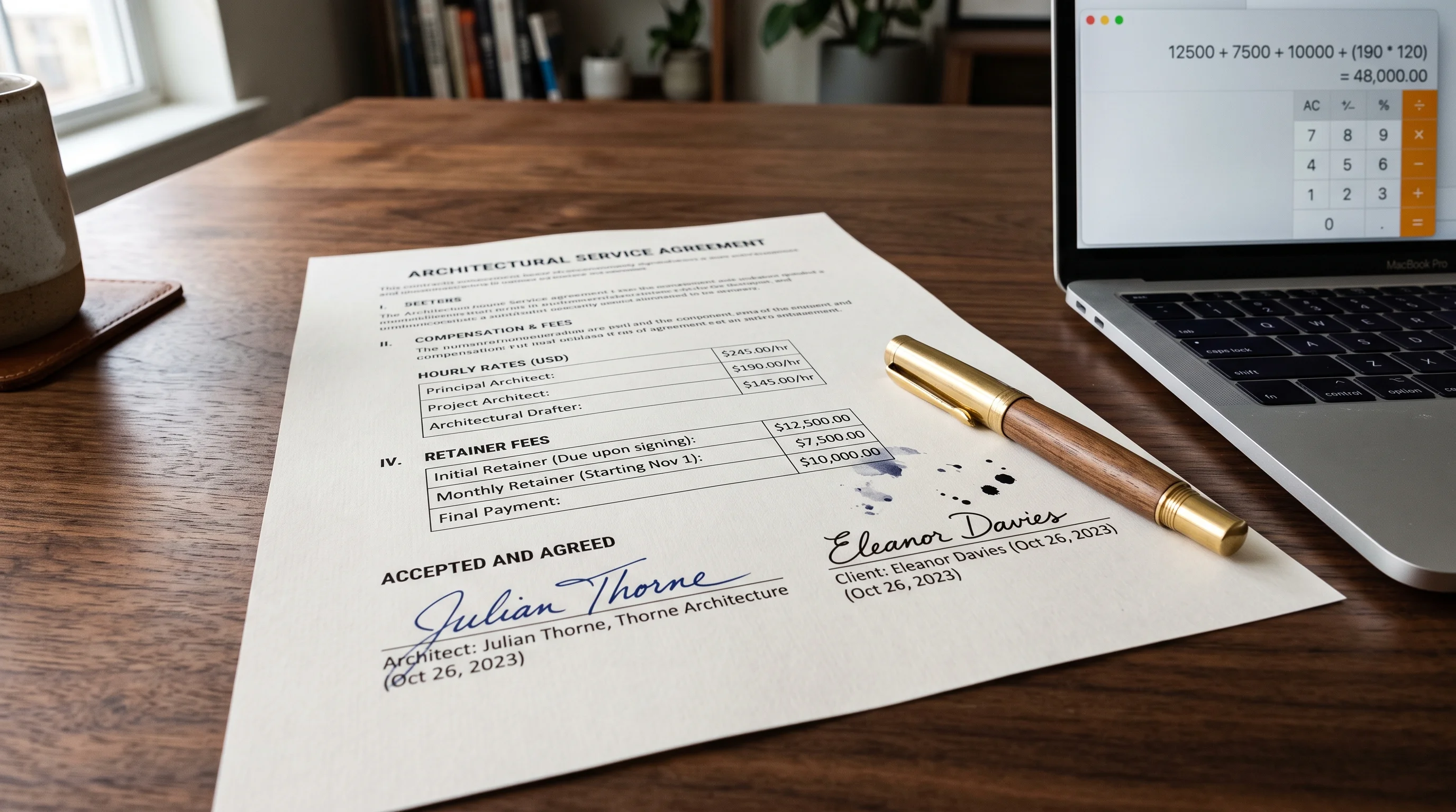 Signed architectural fee contract showing hourly rates retainer breakdown and calculator