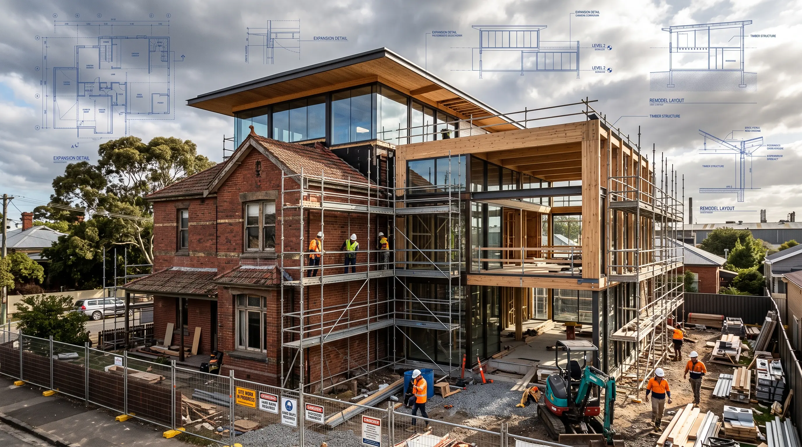 Residential home undergoing modern glass and timber architectural renovation addition
