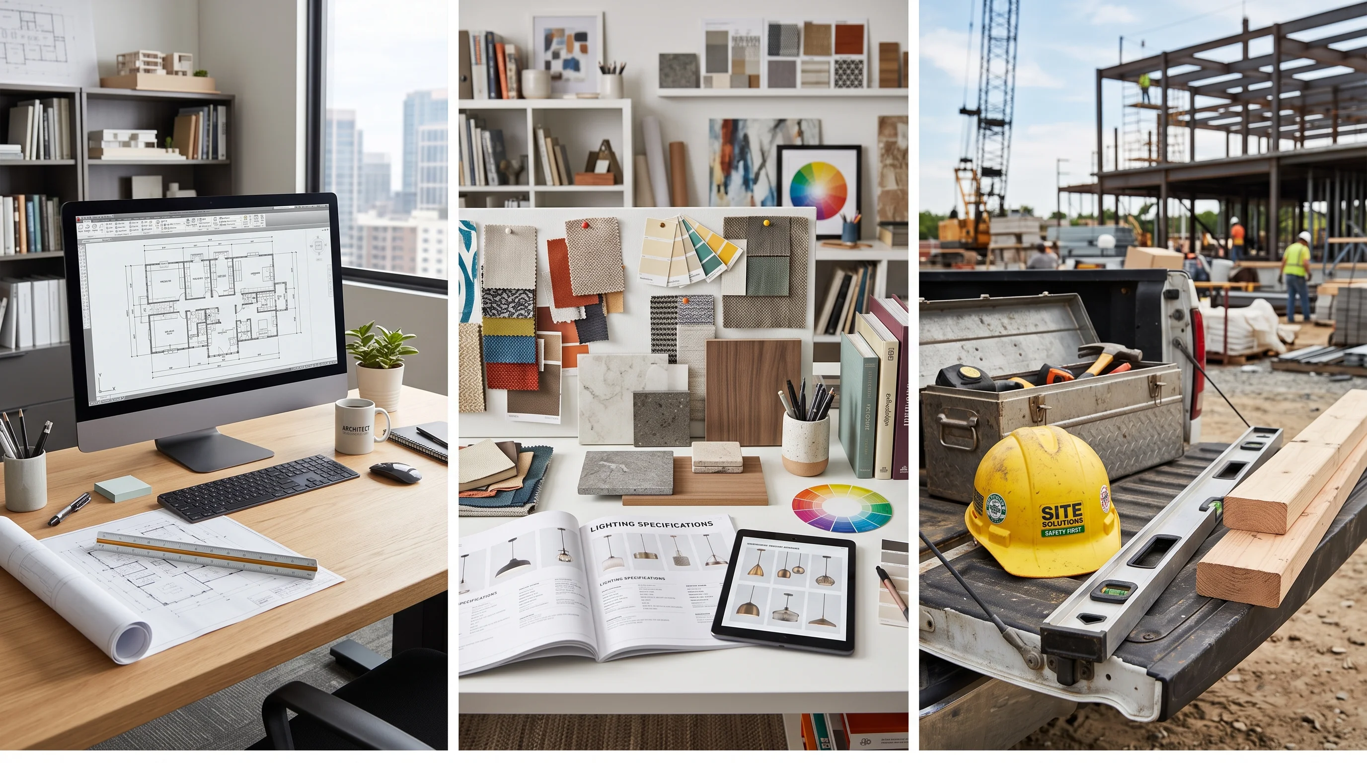 Three panel visual comparison of architect CAD desk designer swatches and contractor tools