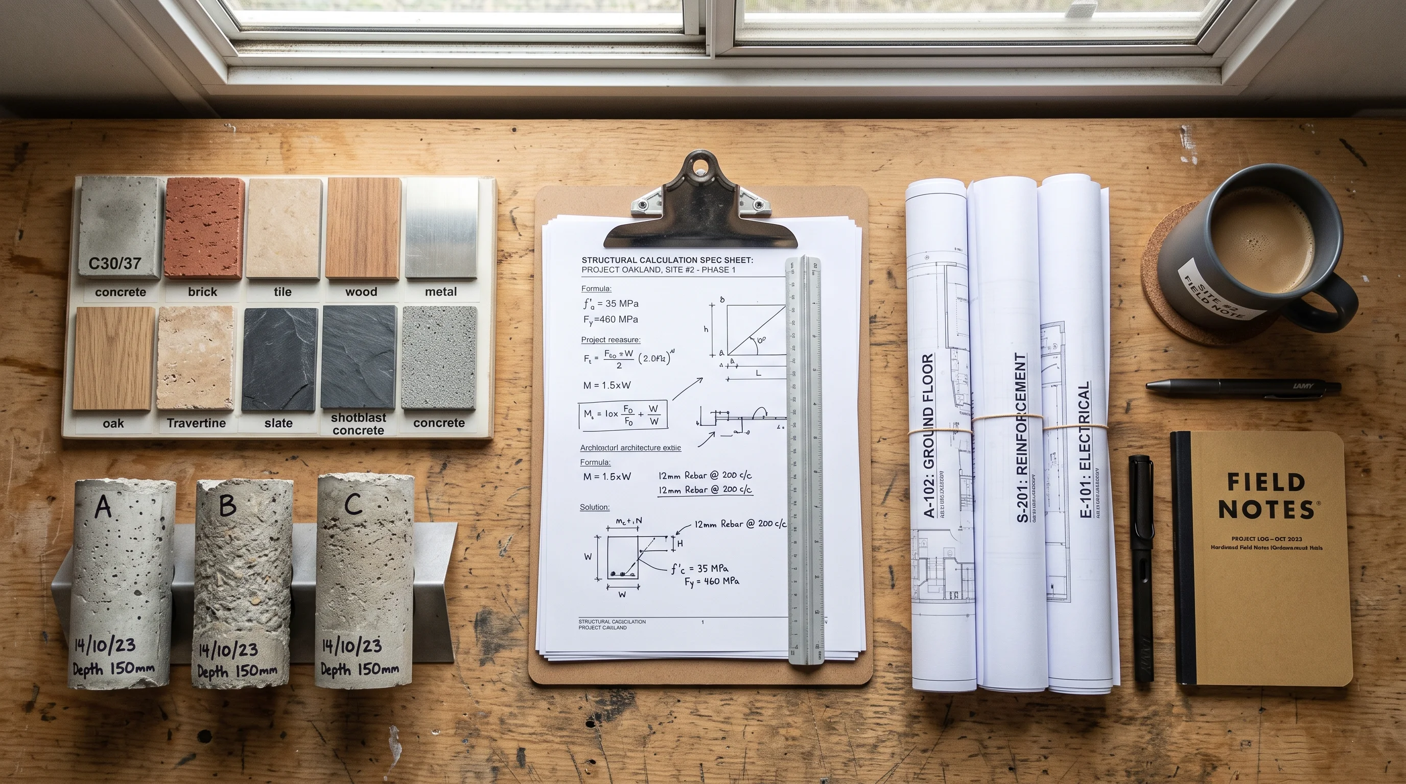 Architectural submittal documents material sample swatches and spec sheets on site desk