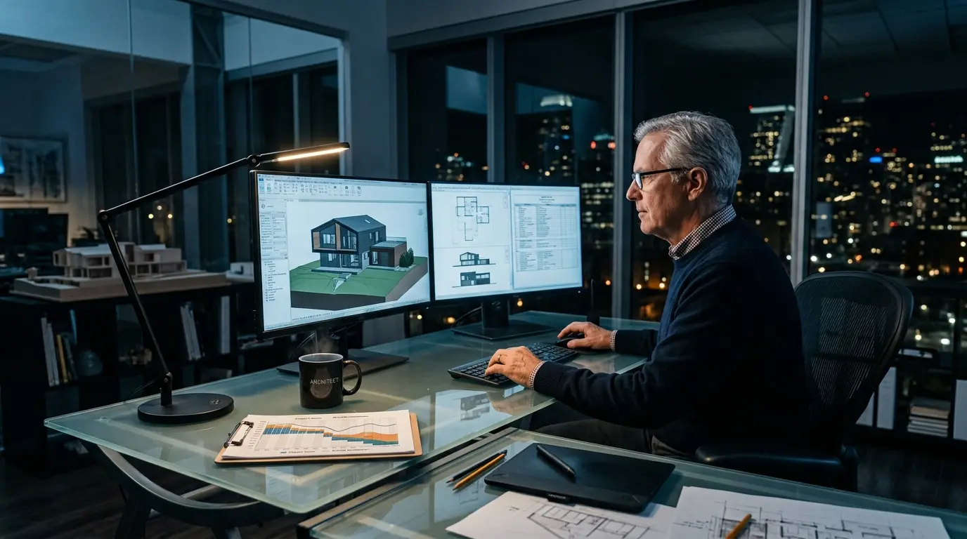 Senior architect working on 3D CAD station with billable hours time tracking chart