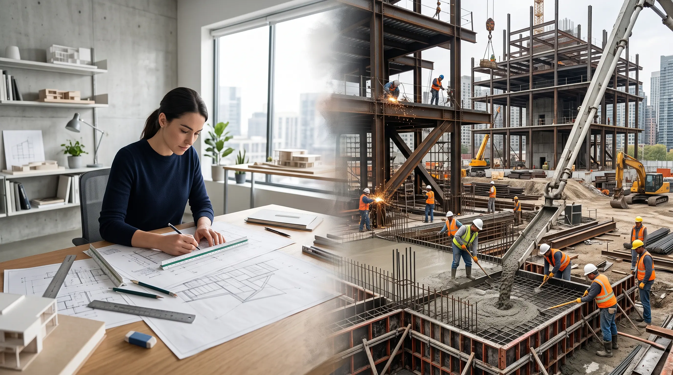 Split photo comparing quiet architect drafting office against active construction site