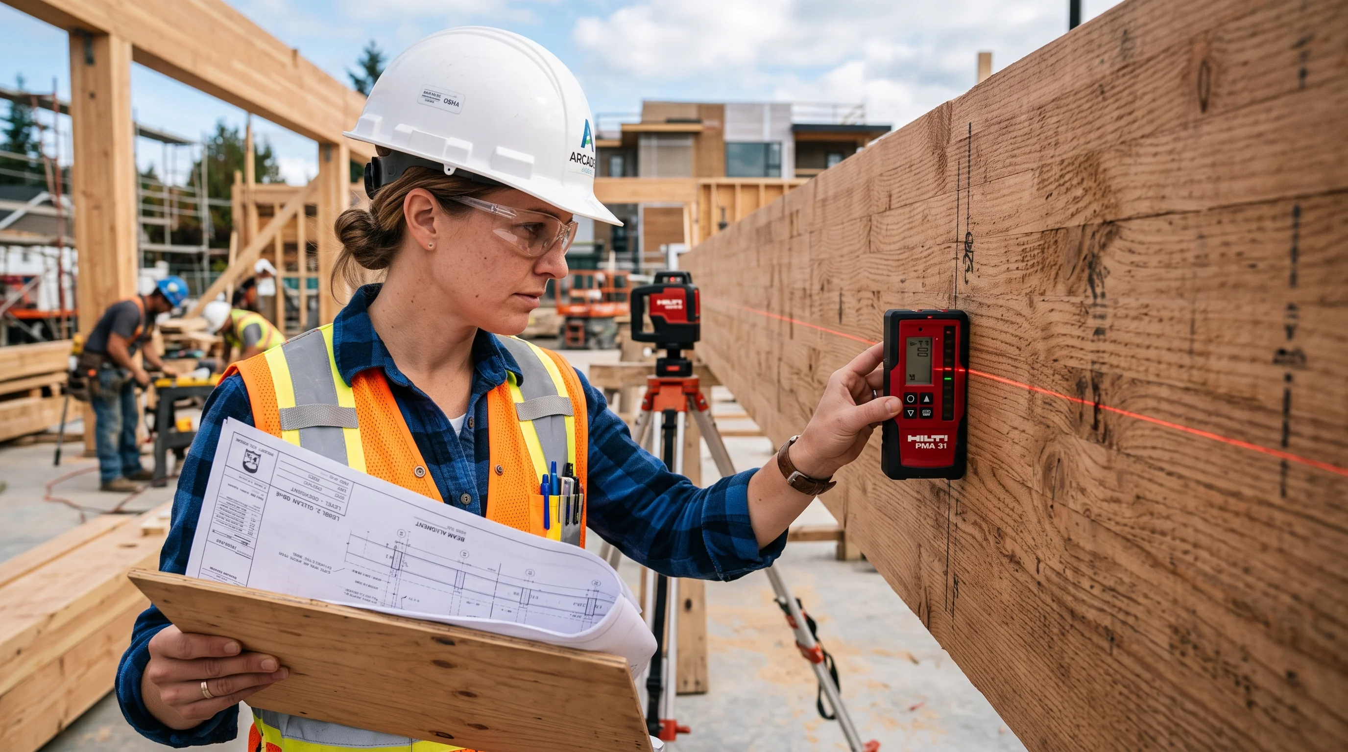 Licensed architect inspecting timber beam framing alignment using precision level
