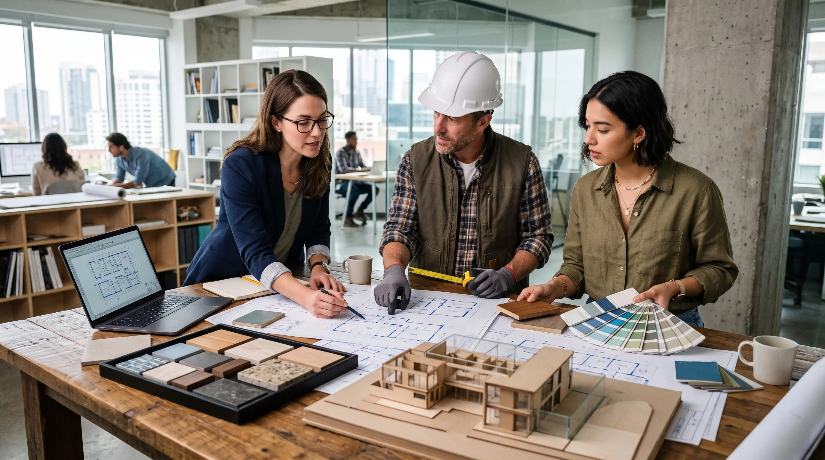Architect interior designer and general contractor collaborating over house blueprints