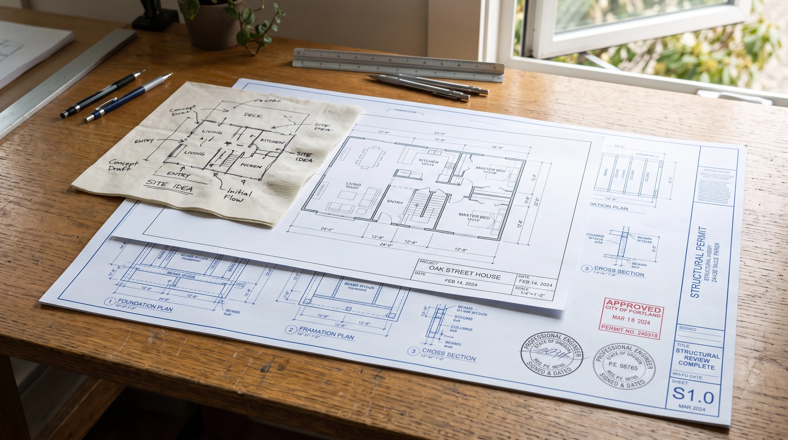 Layered architectural plan drawings from napkin sketch to stamped construction blueprint
