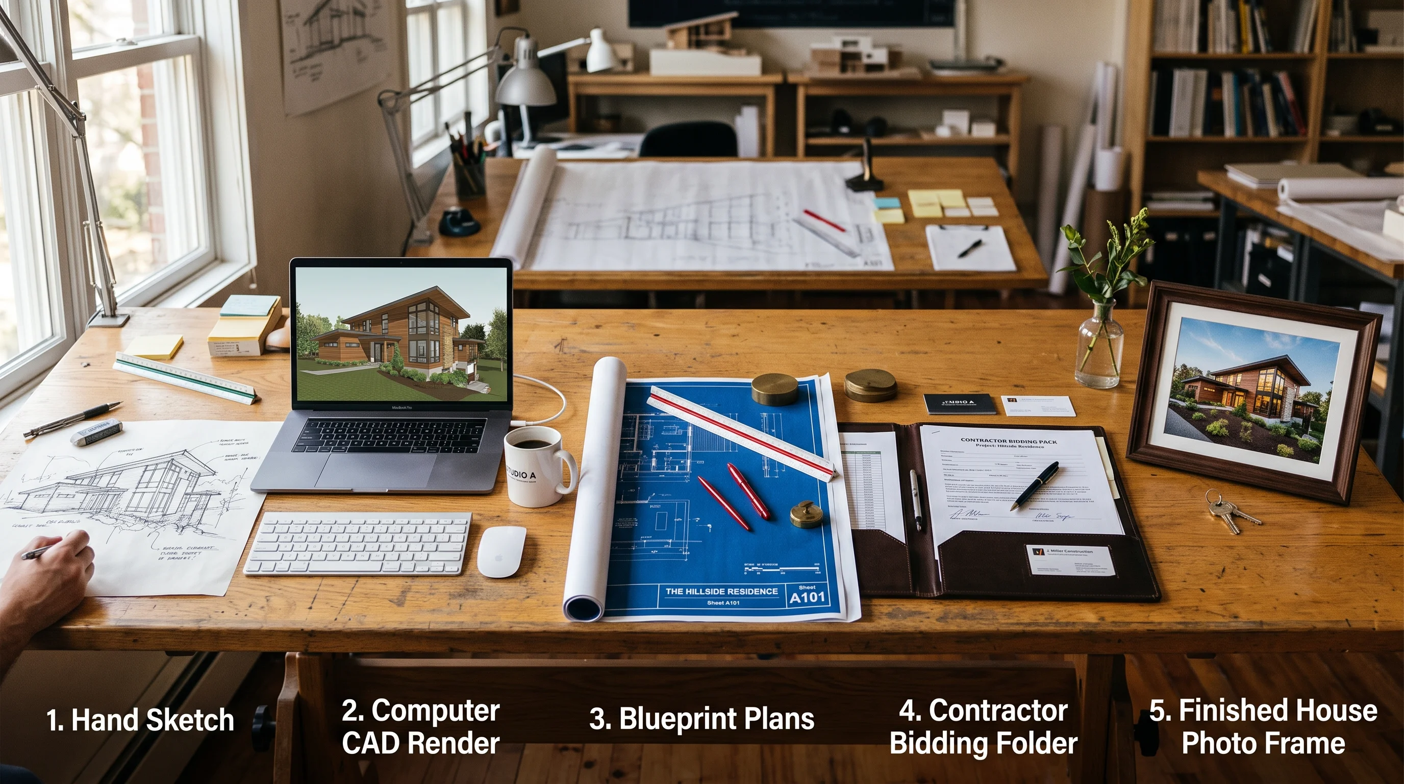 Five stages of architectural services from schematic sketch to final built home photo