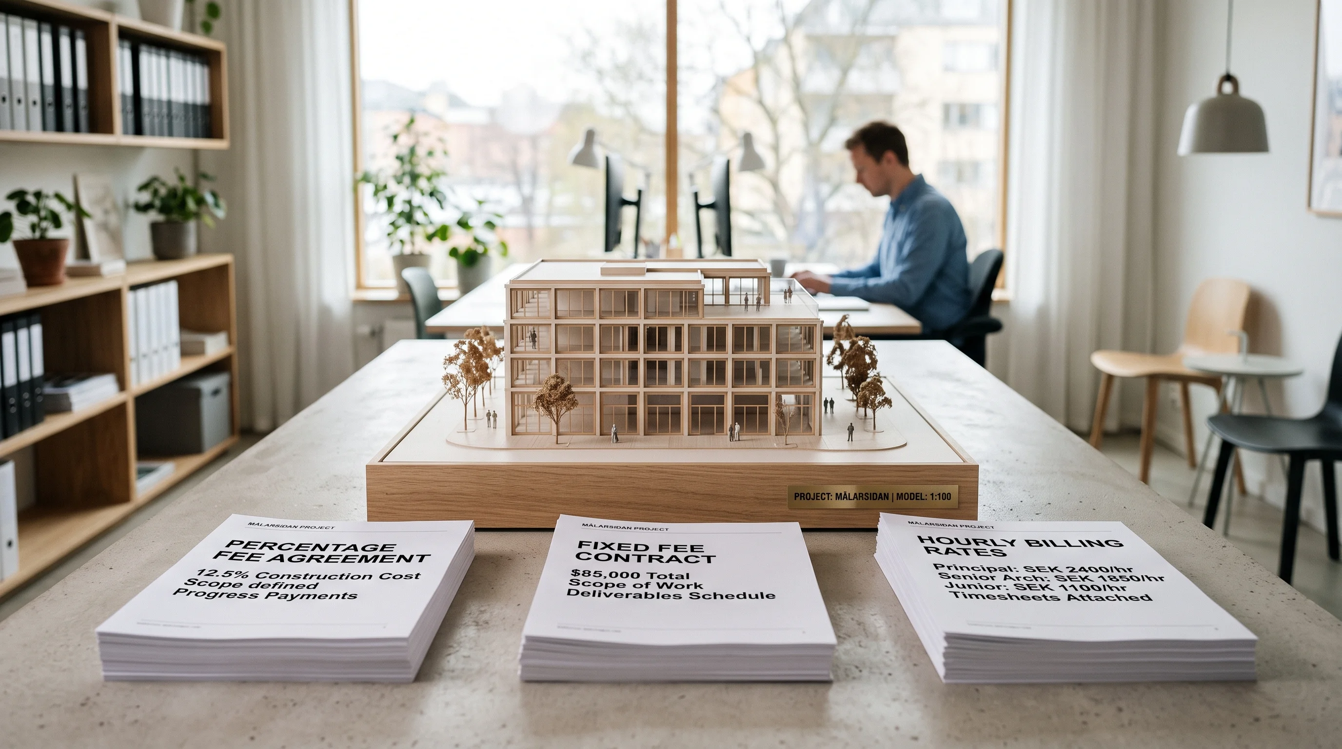 Miniature modern house model surrounded by percentage fee fixed cost and hourly rate contracts
