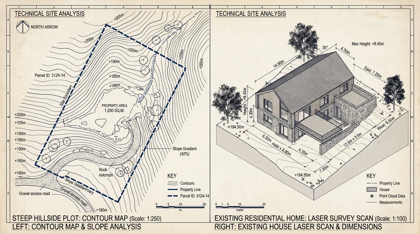 Topography survey contour map and structural laser scan overlay for custom home design