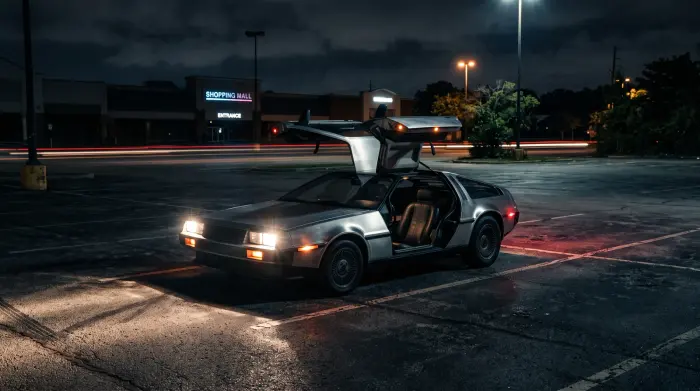 DeLorean gull-wing doors night
