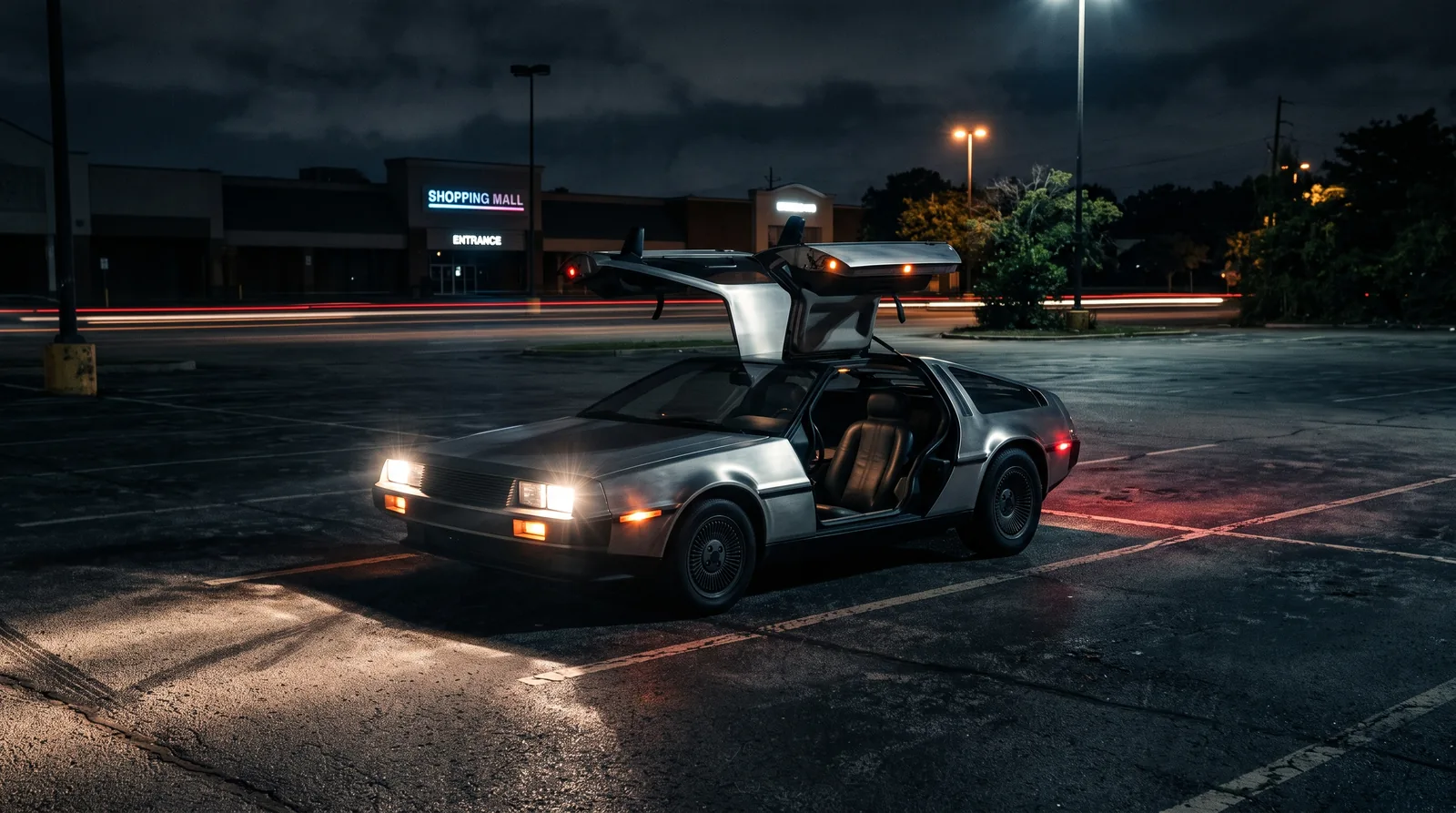 DeLorean gull-wing doors night