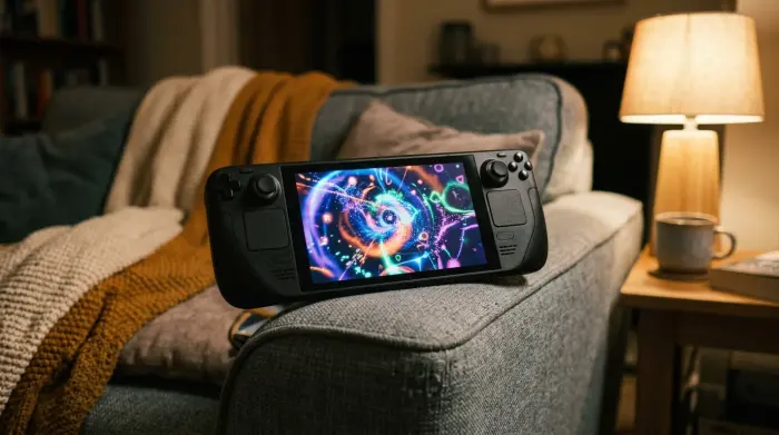 Handheld console on couch
